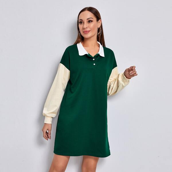 

Color-block Half Button Sweatshirt Dress, Dark green