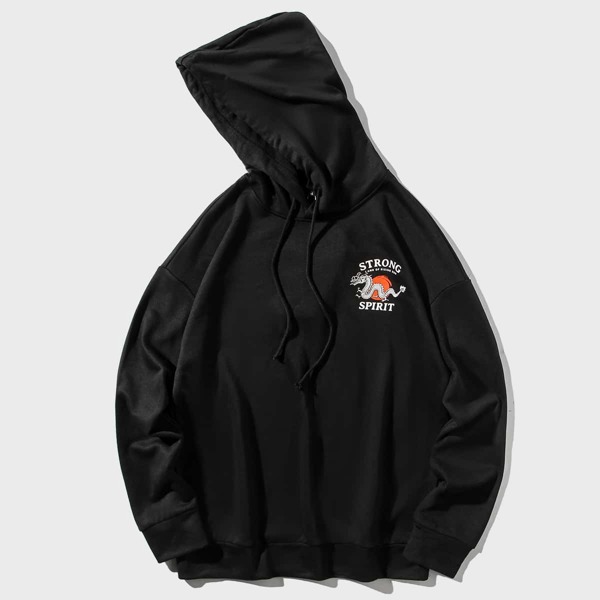 

Men Chinese Dragon & Letter Graphic Drawstring Hoodie, Black