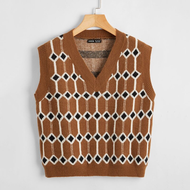 

V-neck Argyle Pattern Knit Top, Brown