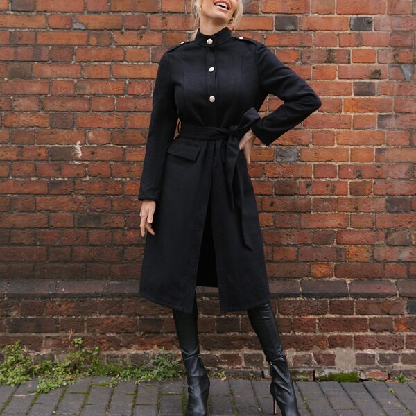 

Mock Neck Button Placket Belted Overcoat, Black