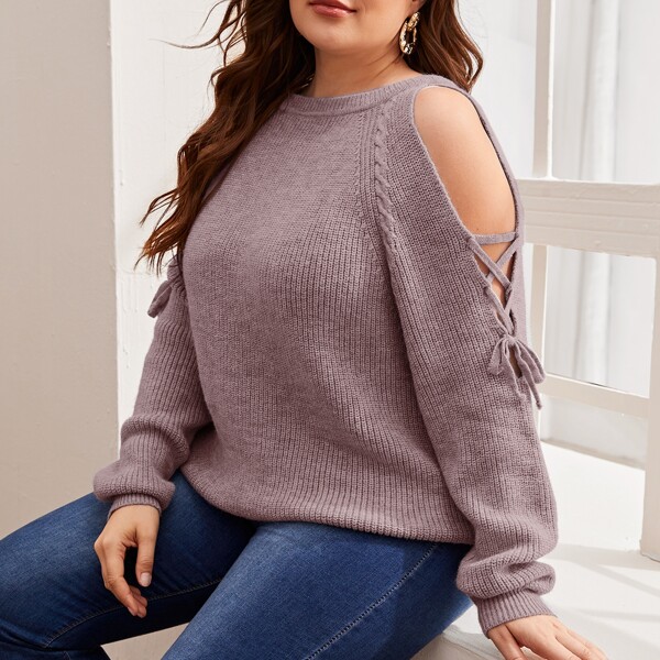 

Plus Lace Up Side Cold Shoulder Sweater, Dusty purple