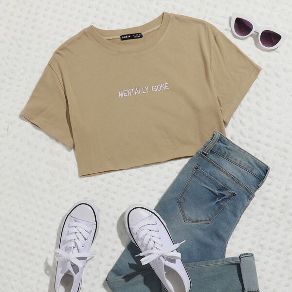 

Letter Embroidery Detail Crop Tee, Khaki
