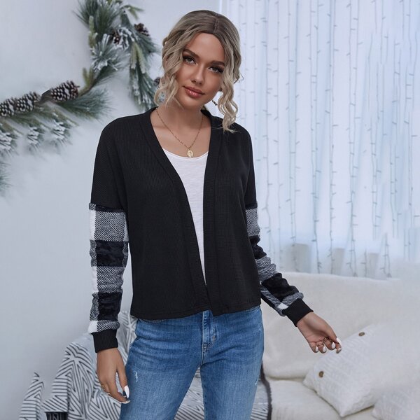 

Contrast Gingham Teddy Open Front Waffle Knit Jacket, Black