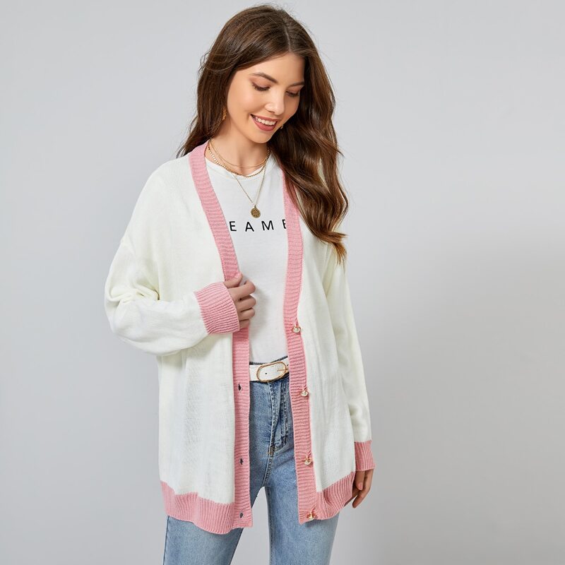 

Drop Shoulder Contrast Trim Button Placket Cardigan, White