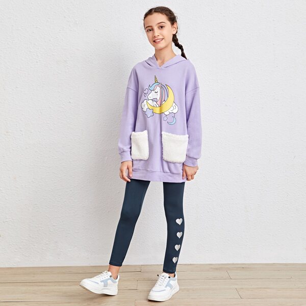 

Girls Drop Shoulder Patched Teddy Pocket Unicorn Print Hoodie & Leggings Set, Multicolor