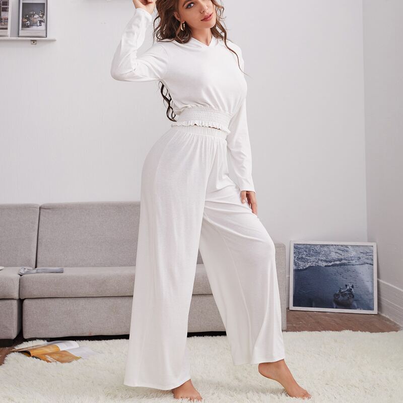 

Solid Frill Trim Hooded Lounge Set, White