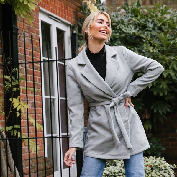 

Lapel Collar Belted Solid Blazer, Light grey