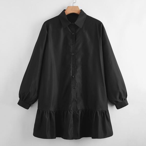 

Plus Solid Ruffle Hem Button Through Blouse, Black