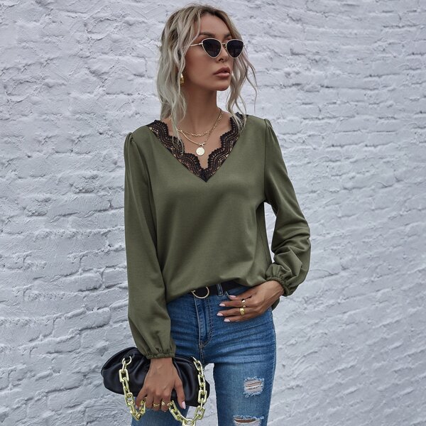 

Lantern Sleeve Lace Trim Pullover, Army green