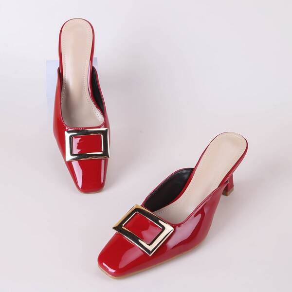 

Buckle Decor Spool Heeled Mules, Red