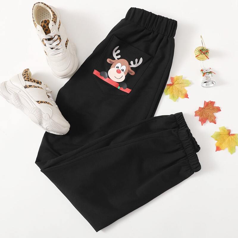 

Christmas Cartoon Deer Print Joggers, Black