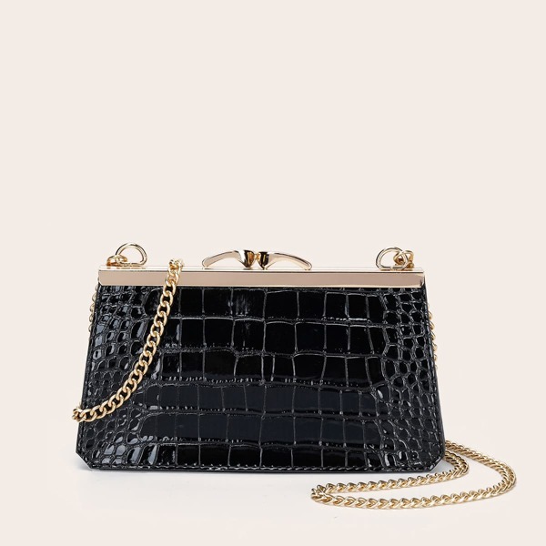 

Croc Embossed Clip Top Clutch Bag, Black