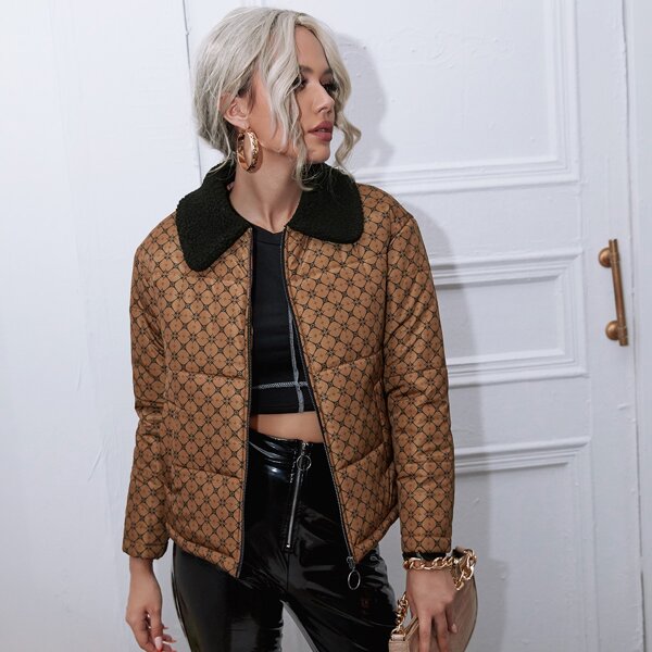 

Contrast Collar Zipper Placket Allover Print Jacket, Brown
