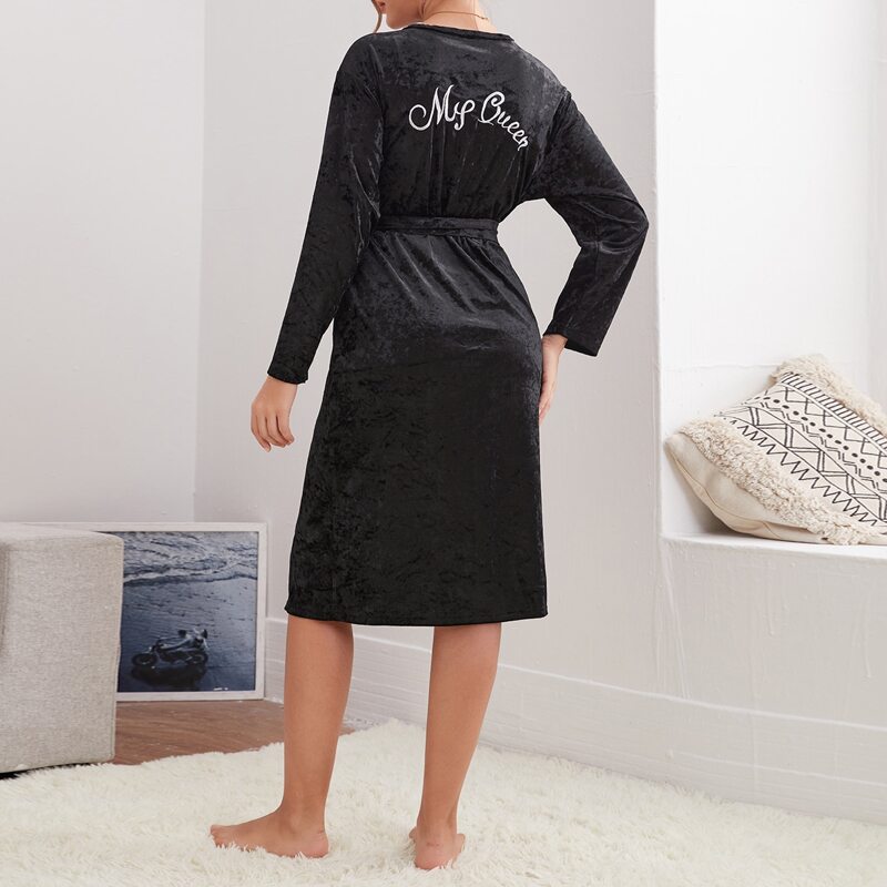 

Letter Embroidery Velvet Belted Robe, Black