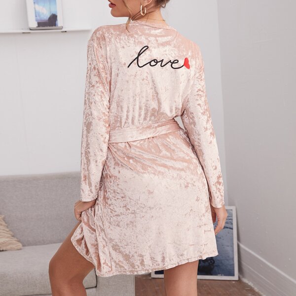 

Letter Embroidery Velvet Belted Robe, Baby pink