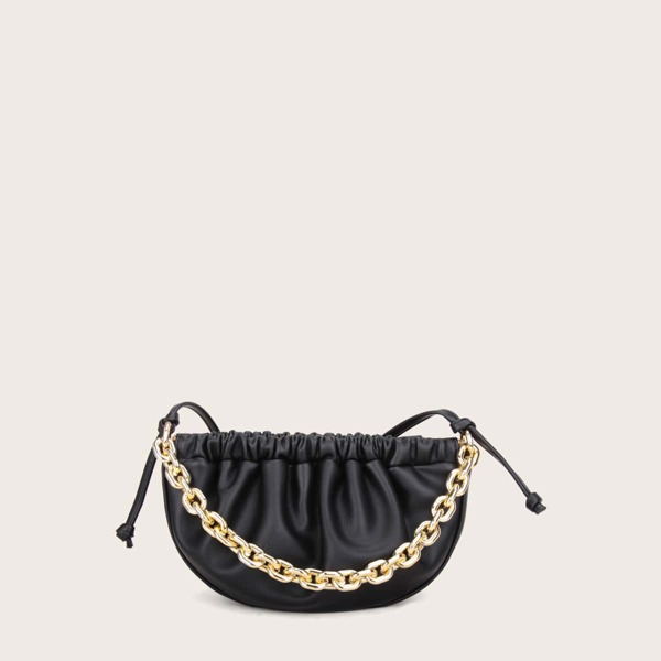 

Chain Handle Ruched Bag, Black