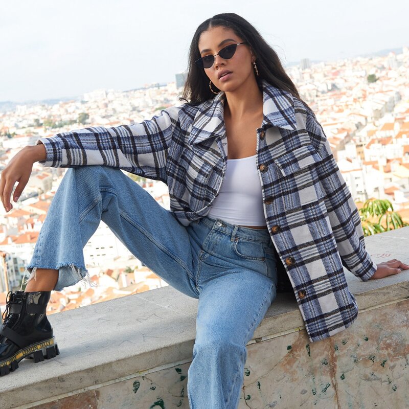 

Drop Shoulder Flap Pocket Colorblock Plaid Coat, Multicolor