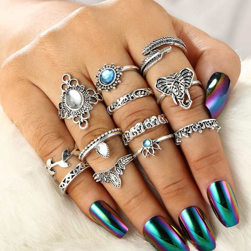

12pcs Rhinestone Elephant Ring, Silver