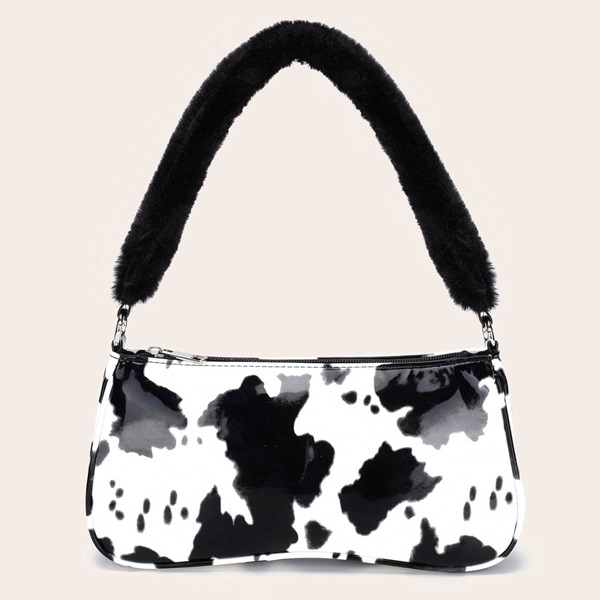 

Cow Print Baguette Bag, Black and white