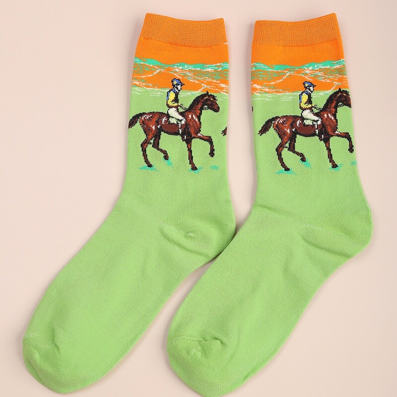

Horse Riding Print Crew Socks, Green