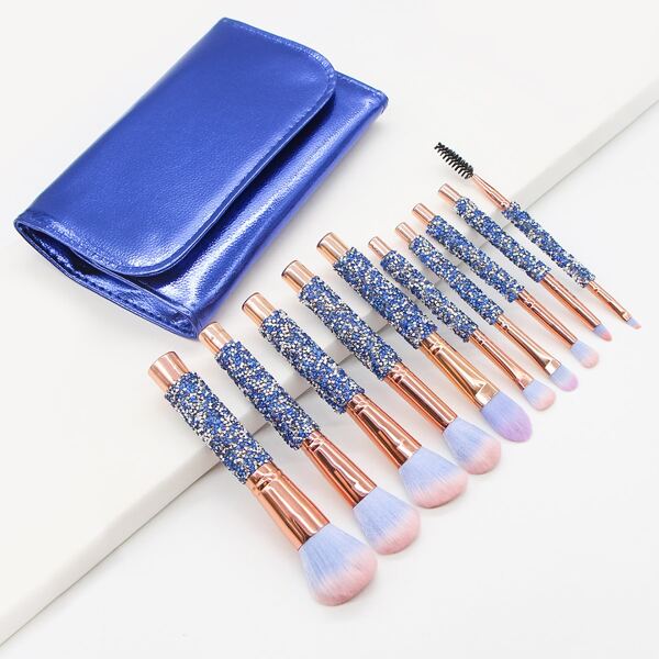 

10pcs Rhinestone Decor Makeup Brush With 1pc Storage Bag, Blue