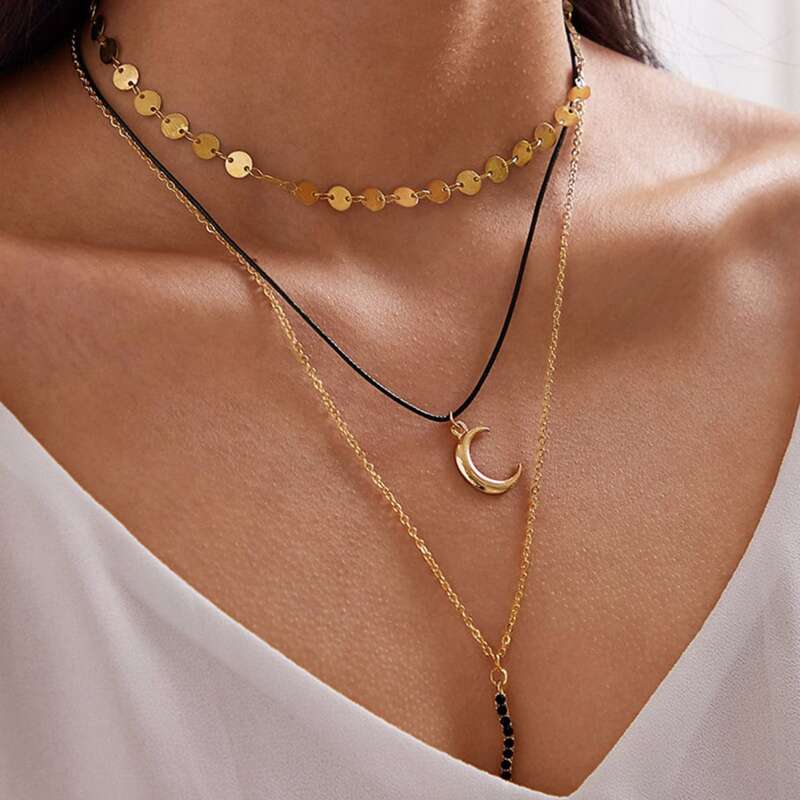

Disc & Moon Design Layered Necklace, Gold