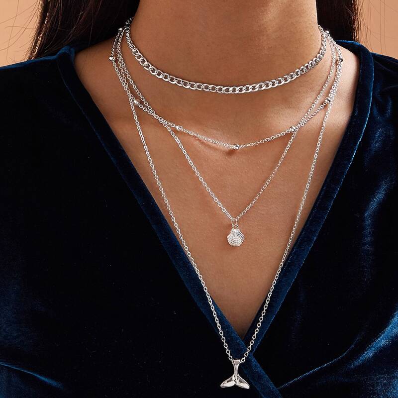 

Shell & Fish Tail Layered Necklace, Silver