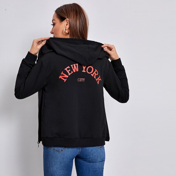 

Letter Graphic Zip Up Drawstring Hoodie, Black