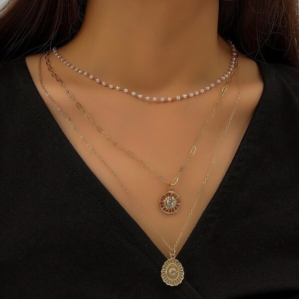 

Faux Pearl Detail Layered Necklace, Gold