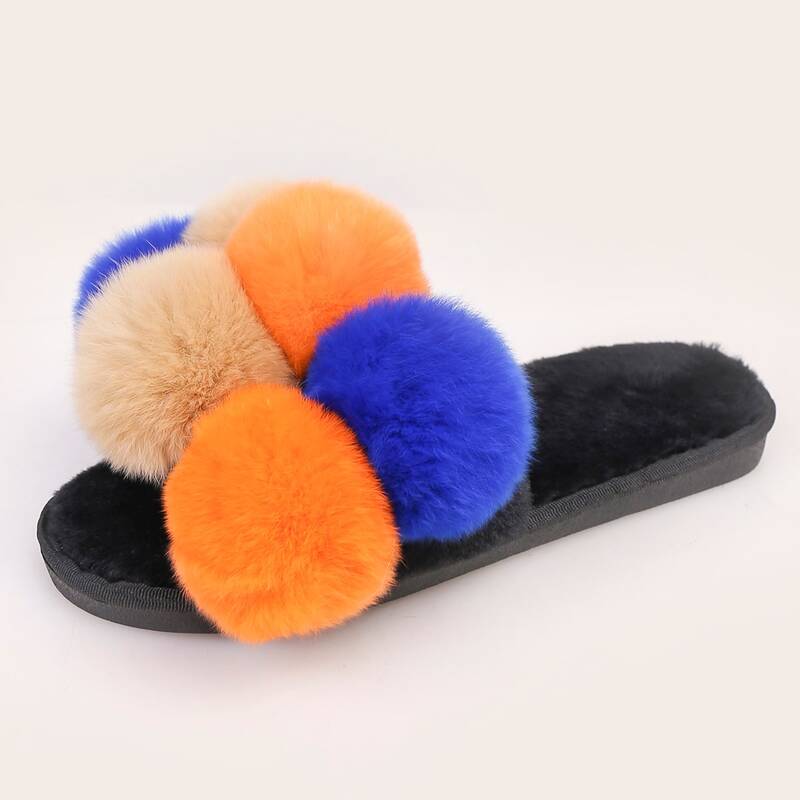 

Colorblock Pom Pom Fluffy Slippers, Multicolor