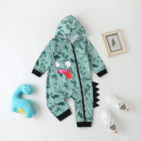 

Baby Boy Cartoon Patched Hooded Jumpsuit, Mint green