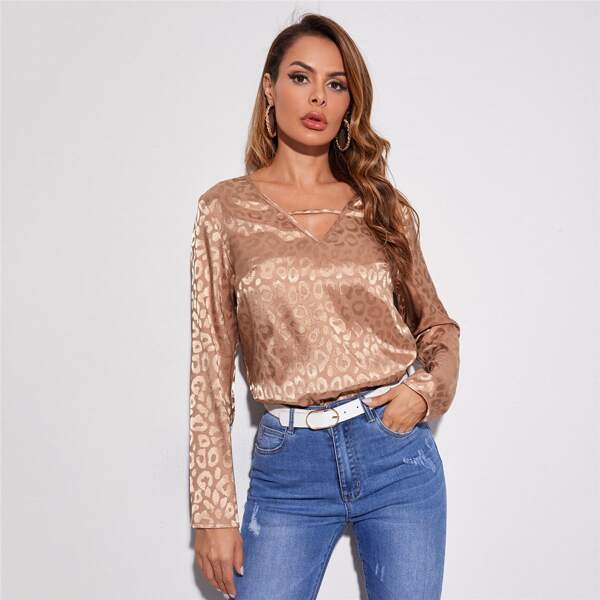 

V-Cut Neck Leopard Jacquard Satin Top, Mocha brown