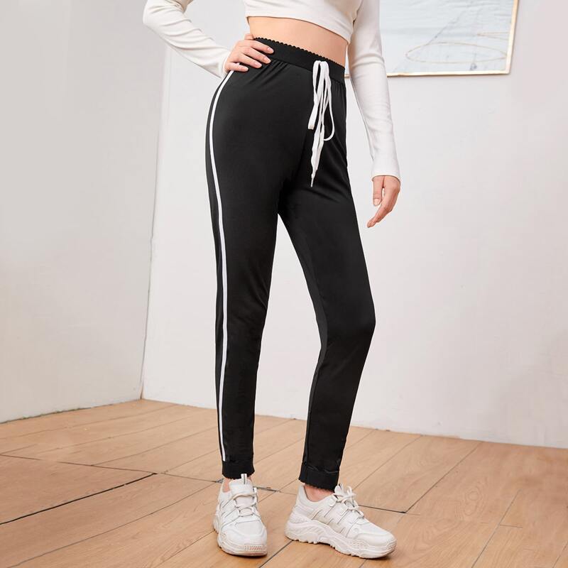 

Striped Tape Tie Front Leggings, Black