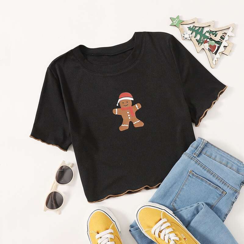 

Christmas Gingerbread Man Graphic Lettuce Trim Crop Tee, Black