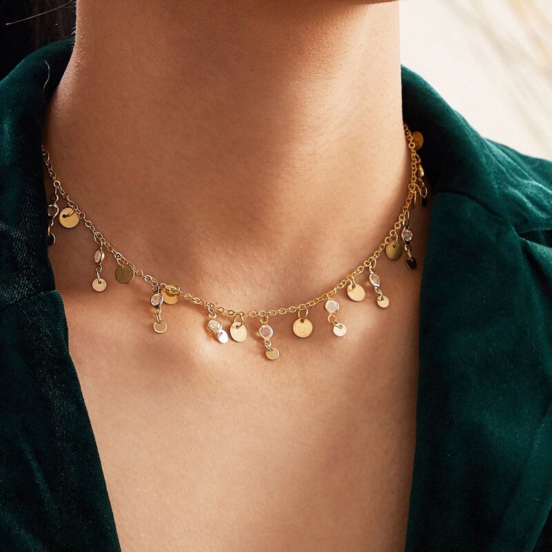 

Rhinestone & Disc Decor Necklace, Gold