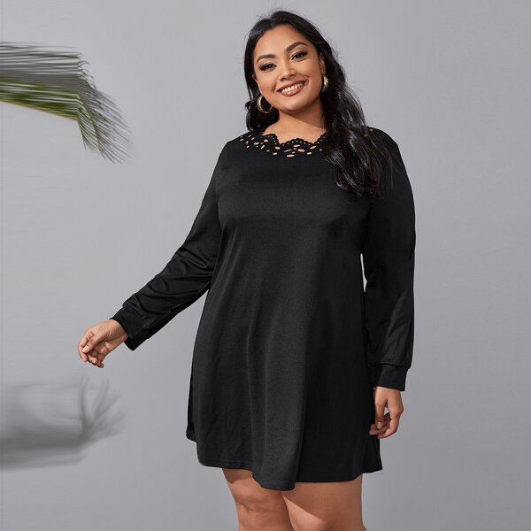 

Plus Laser Cut Scallop Trim Tee Dress, Black