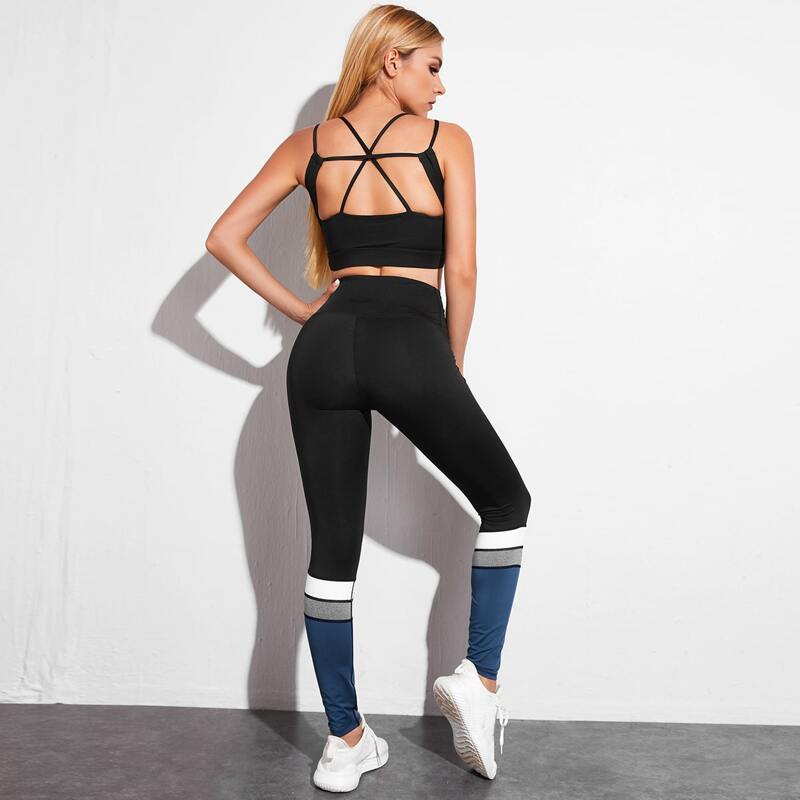 

Criss Cross Back Sports Bra & Color Block Leggings, Multicolor