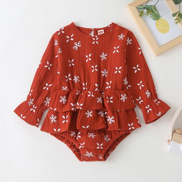 

Baby Girl Layered Ruffle Floral Print Bodysuit, Red