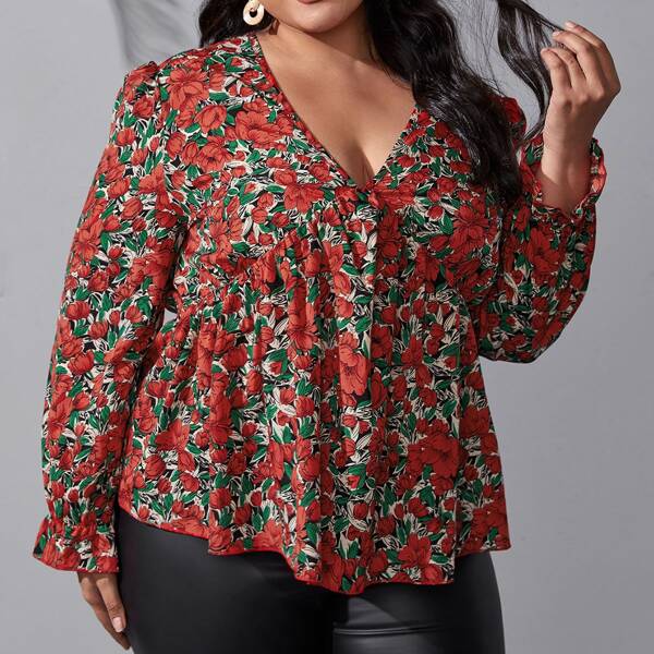 

Plus Allover Floral Print Peplum Blouse, Multicolor