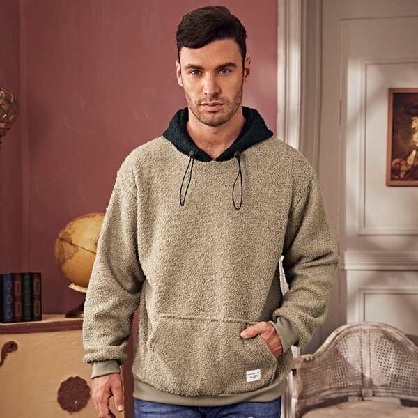 

Men Shearling Kangaroo Pocket Drawstring Hoodie, Khaki