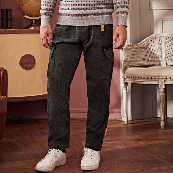 

Men Flap Pocket Tape Corduroy Cargo Pants, Mocha brown