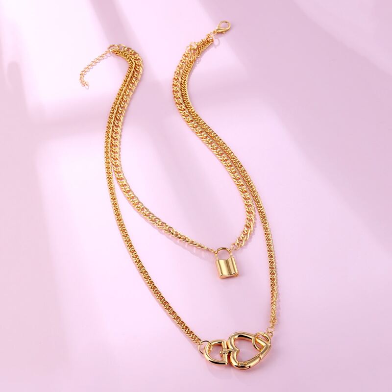 

Heart & Lock Decor Layered Necklace, Gold