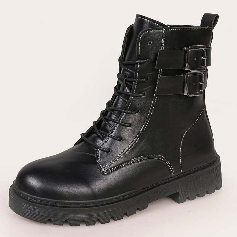 

Buckle Decor Lace-up Front Combat Boots, Black