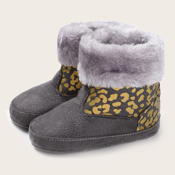 

Baby Boy Leopard Print Faux Fur Lined Boots, Grey