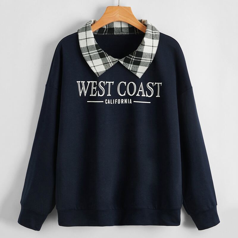 

Contrast Plaid Collar Letter Sweatshirt, Navy blue