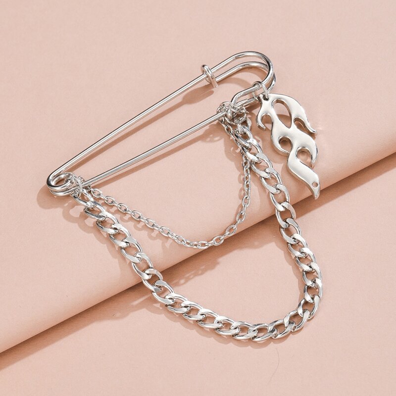 

Flame & Chain Decor Brooch, Silver