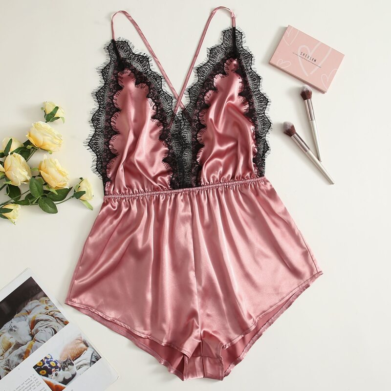 

Contrast Lace Criss Cross Backless Night Romper, Dusty pink