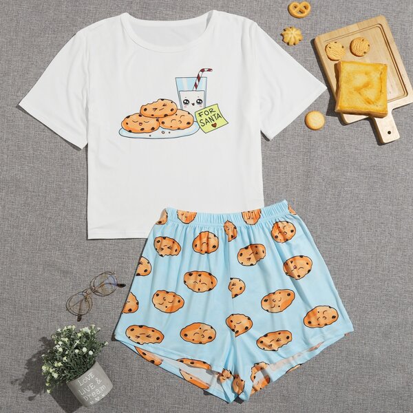 

Cartoon And Letter Graphic Pajama Set, Blue and white