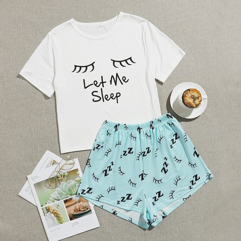 

Slogan And Eyelash Graphic Pajama Set, Blue and white