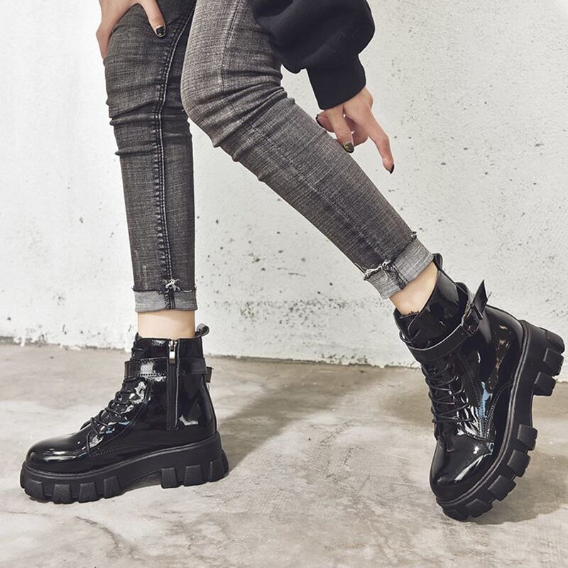 

Buckle Decor Lace-up Front Combat Boots, Black